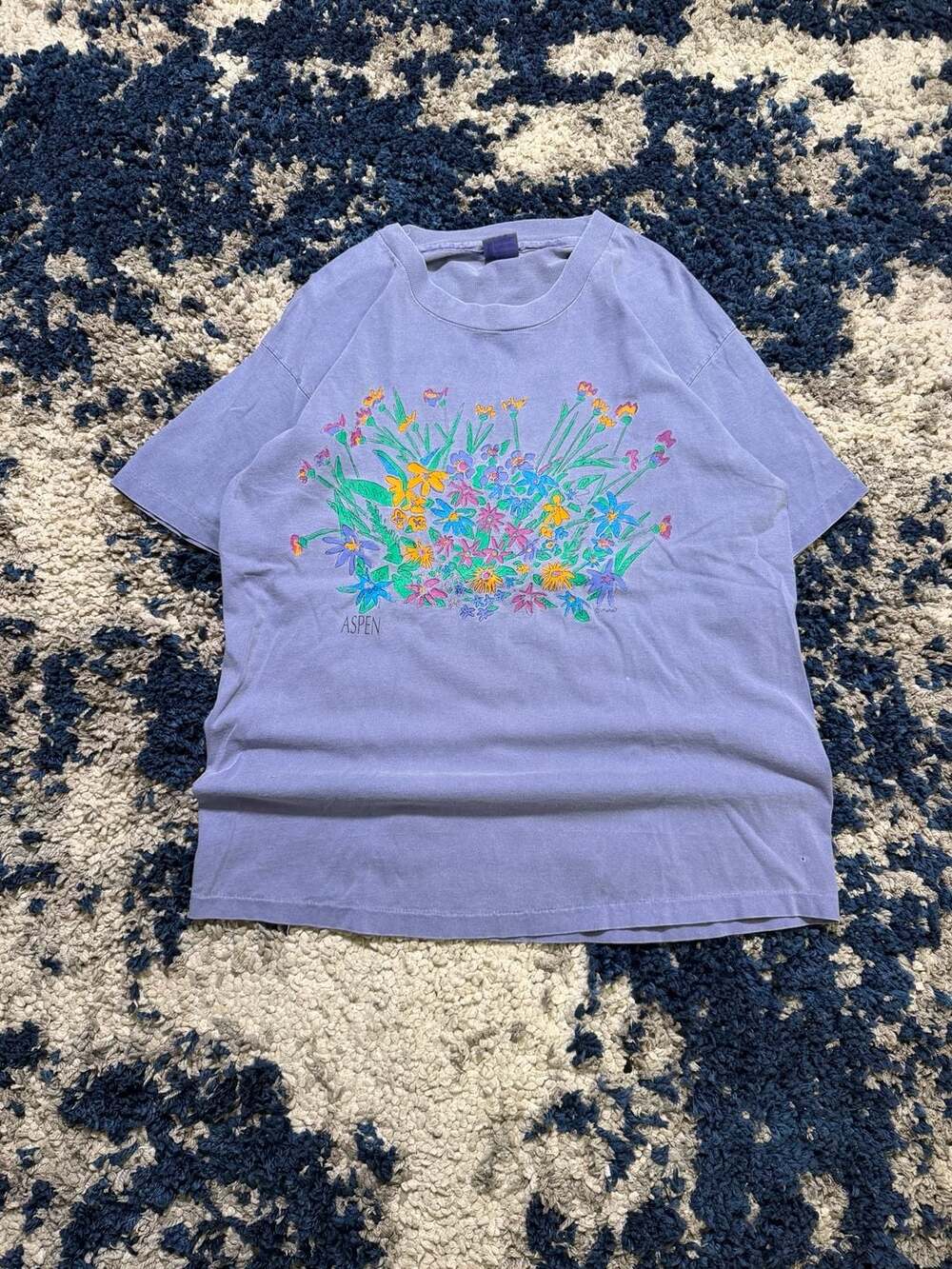 Vintage Anvil Aspen Wildflower Floral Graphic T-Shirt Blue Size XL